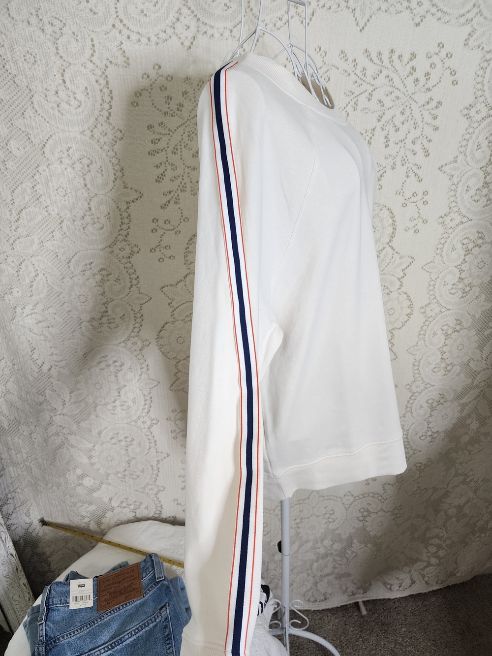 Lou & Grey White Sweatshirt with Navy & Red Stripe Sleeve